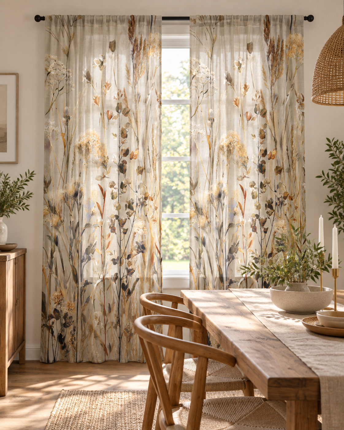 Sheer Curtain — Neutral Dried Wildflowers Voile Panel