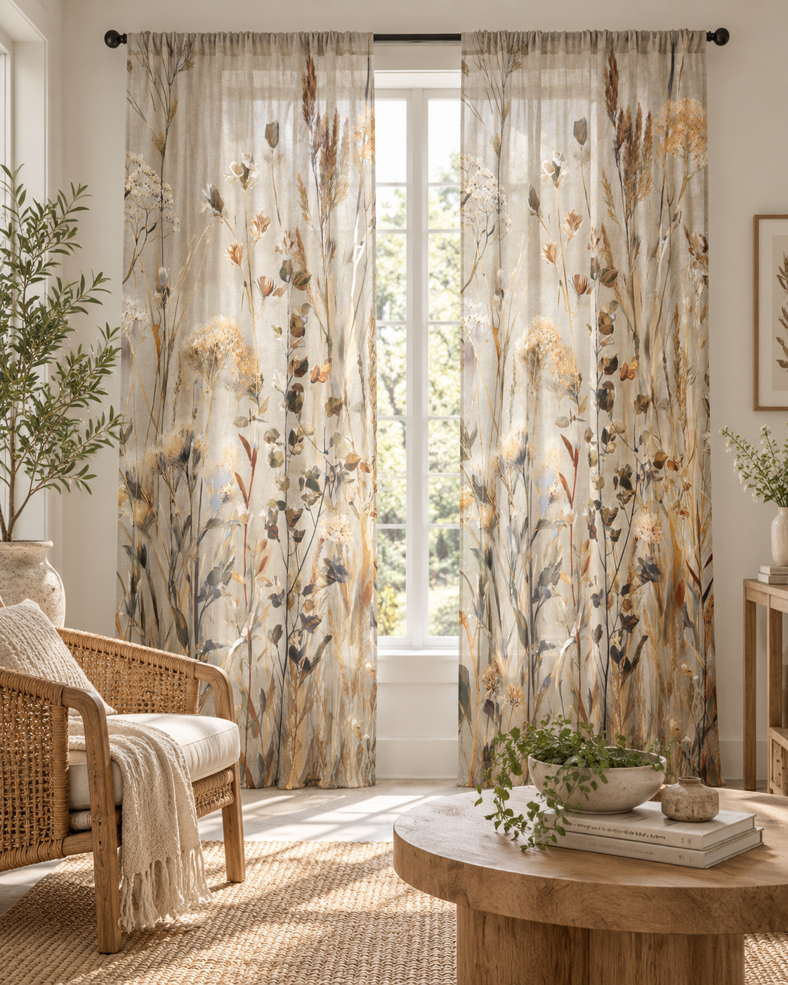 Sheer Curtain — Neutral Dried Wildflowers Voile Panel