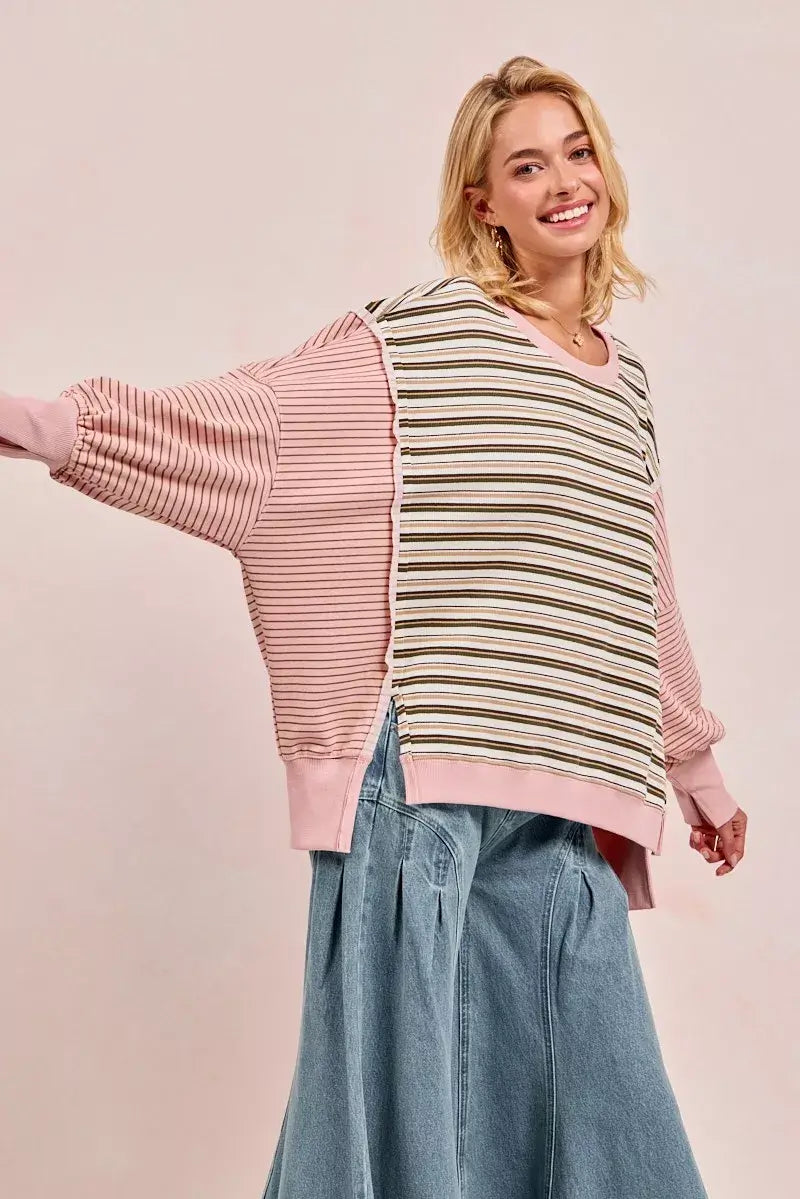 Oat milk Pink Stripe Mixed Top: Edgy Style Redefined, Tops, $ 65.00, A Moment Of Now™