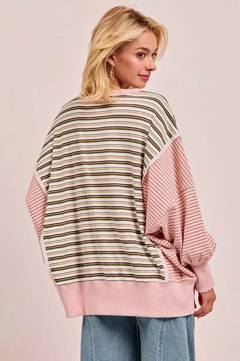 Oat milk Pink Stripe Mixed Top: Edgy Style Redefined, Tops, $ 65.00, A Moment Of Now™