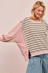 Oat milk Pink Stripe Mixed Top: Edgy Style Redefined, Tops, $ 65.00, A Moment Of Now™