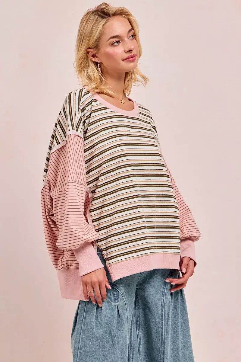 Oat milk Pink Stripe Mixed Top: Edgy Style Redefined, Tops, $ 65.00, A Moment Of Now™