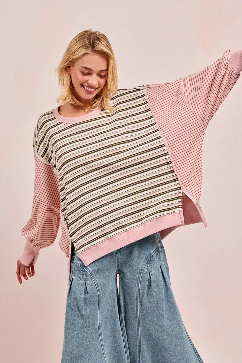 Oat milk Pink Stripe Mixed Top: Edgy Style Redefined, Tops, $ 65.00, A Moment Of Now™