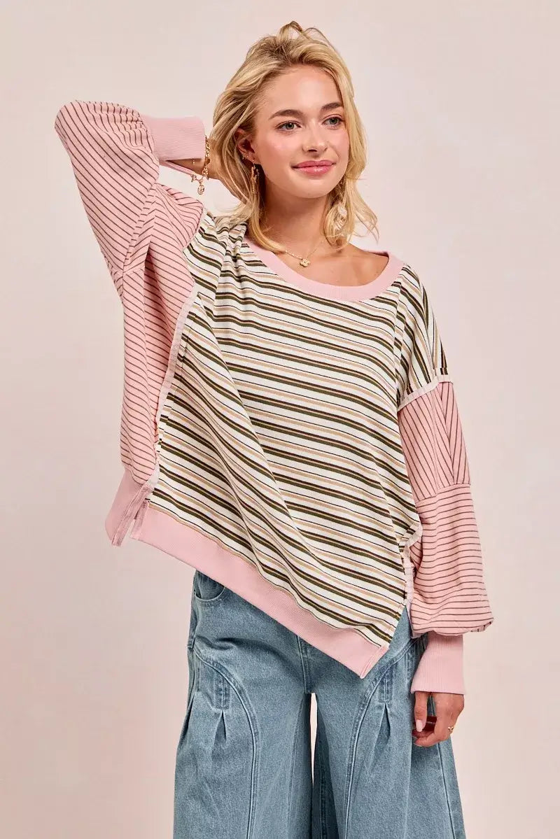 Oat milk Pink Stripe Mixed Top: Edgy Style Redefined, Tops, $ 65.00, A Moment Of Now™