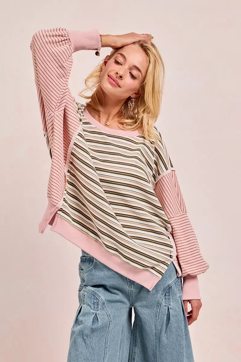 Oat milk Pink Stripe Mixed Top: Edgy Style Redefined, Tops, $ 65.00, A Moment Of Now™