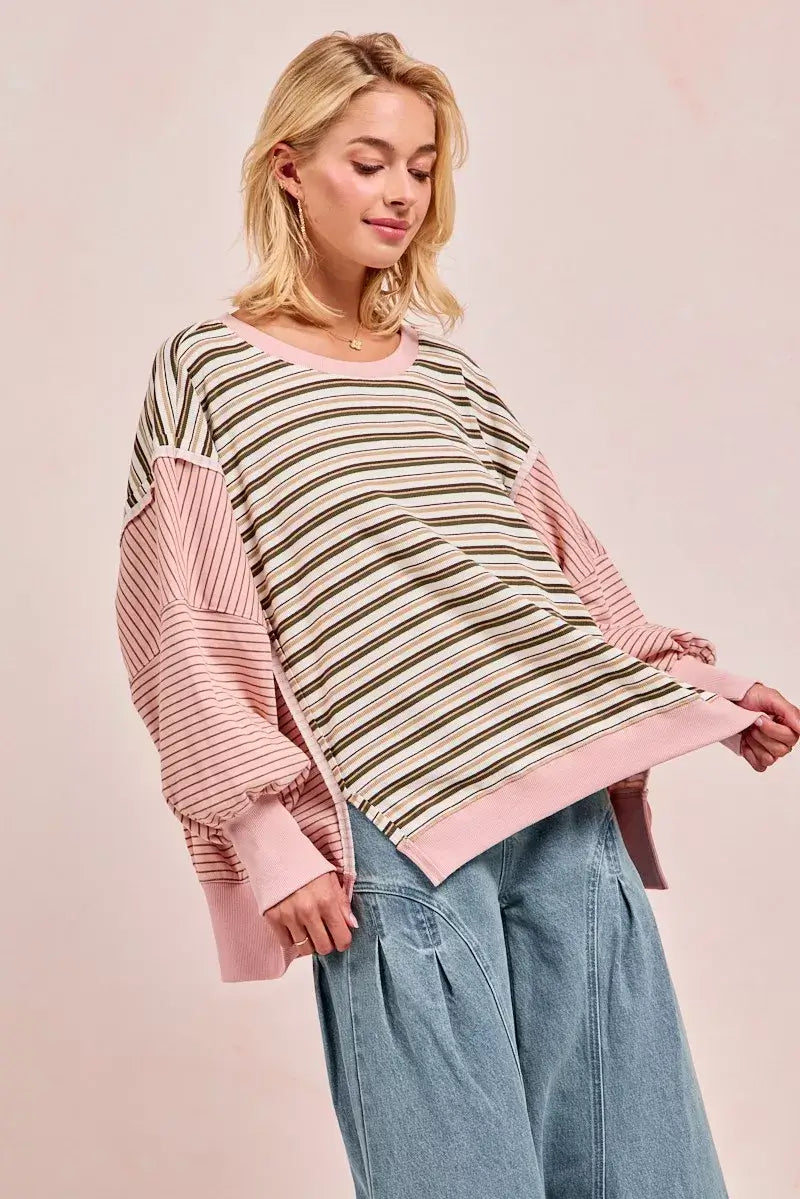 Oat milk Pink Stripe Mixed Top: Edgy Style Redefined, Tops, $ 65.00, A Moment Of Now™