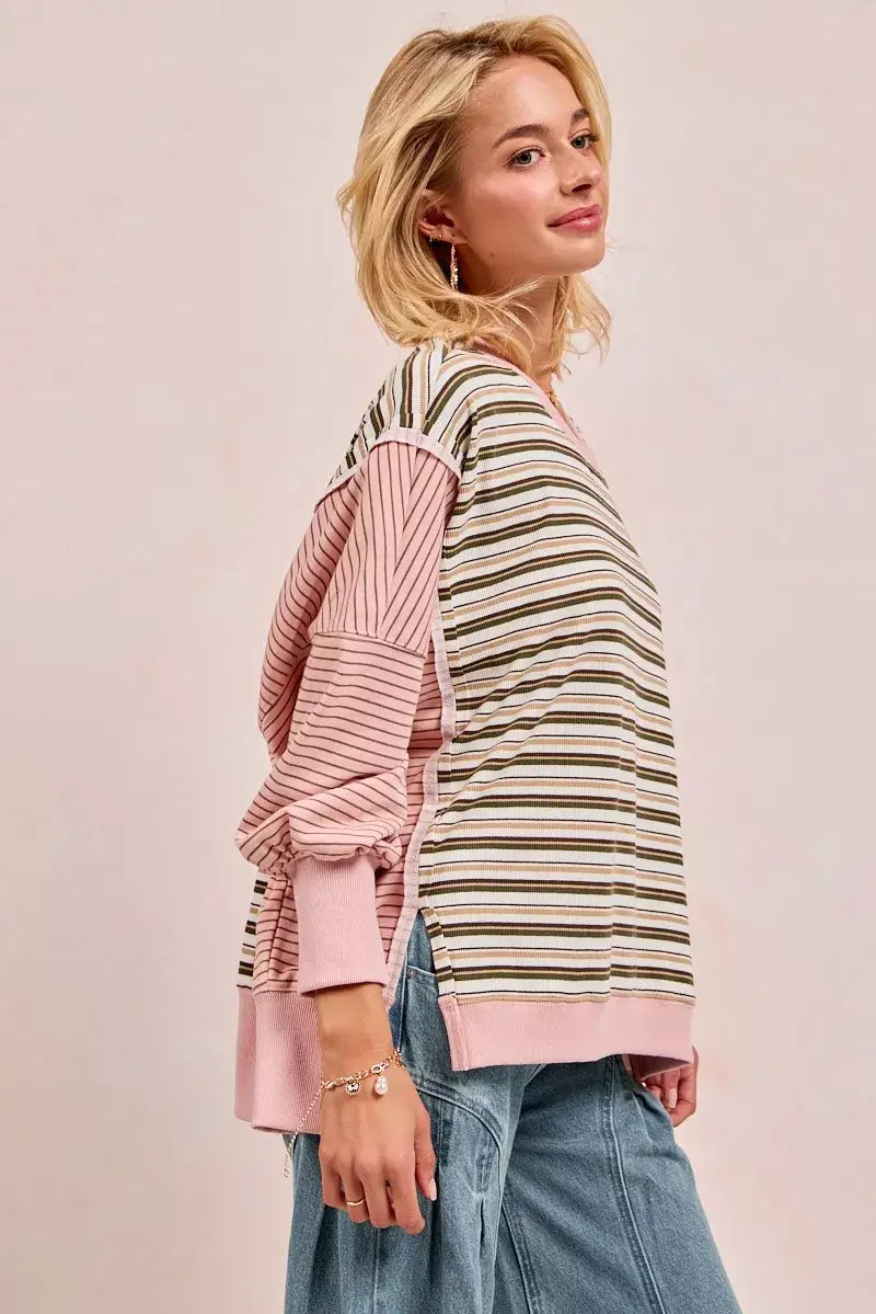 Oat milk Pink Stripe Mixed Top: Edgy Style Redefined, Tops, $ 65.00, A Moment Of Now™
