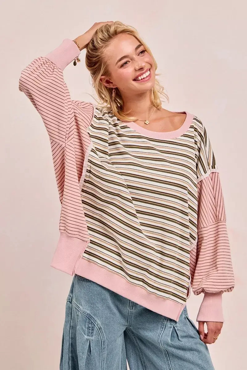 Oat milk Pink Stripe Mixed Top: Edgy Style Redefined, Tops, $ 65.00, A Moment Of Now™