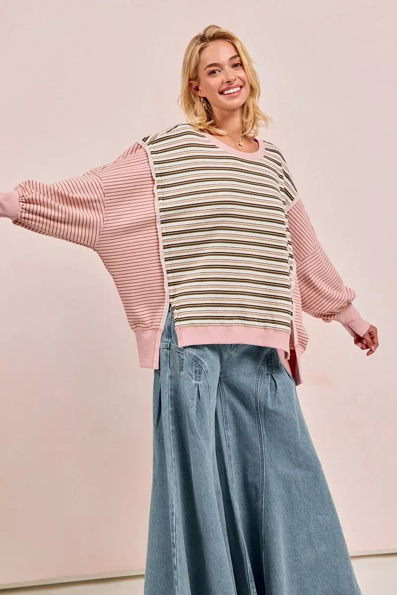 Oat milk Pink Stripe Mixed Top: Edgy Style Redefined, Tops, $ 65.00, A Moment Of Now™