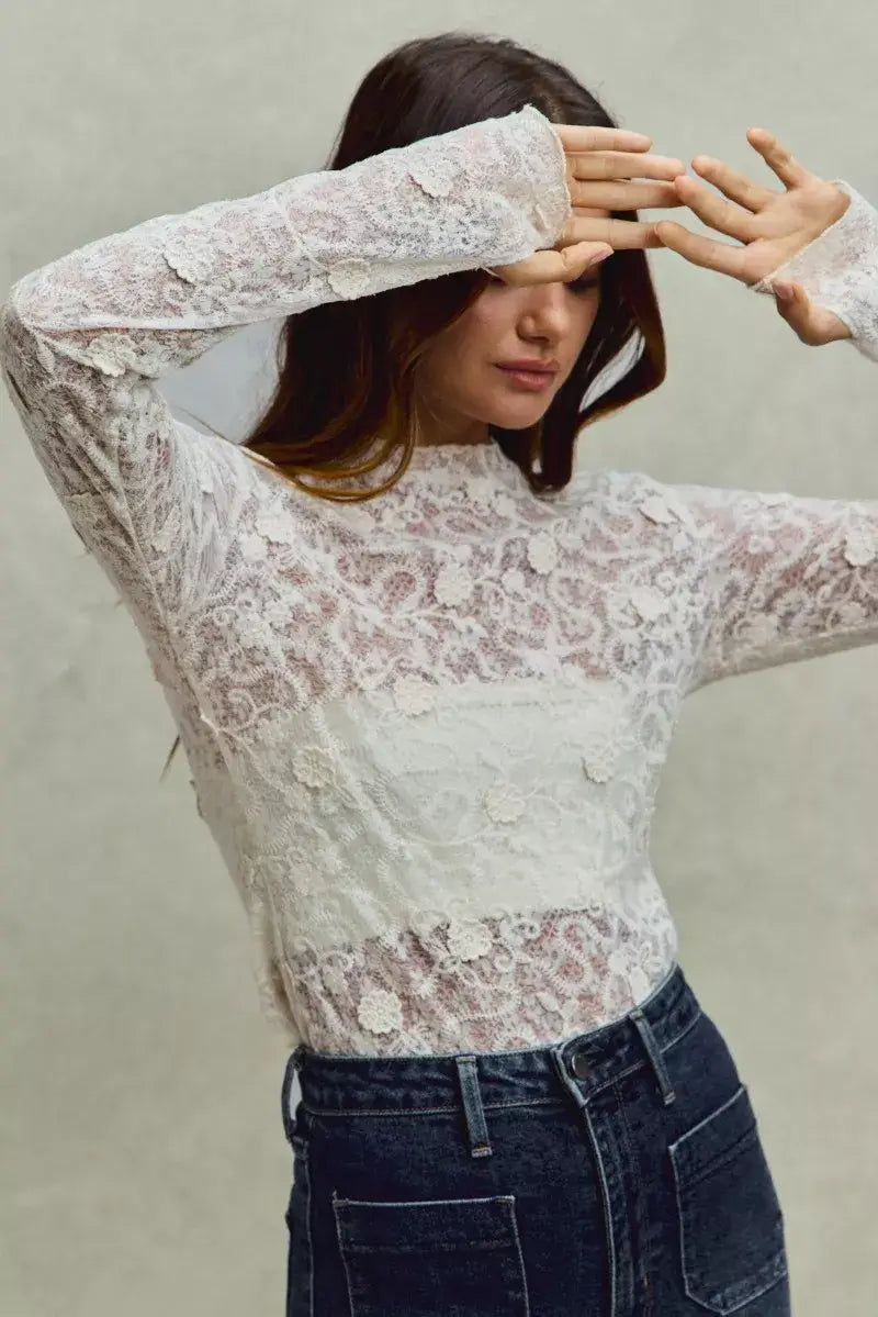 Off White Lace Long Sleeve 3d Effect Floral Layering Top, Blouses, $ 49.00, A Moment Of Now™
