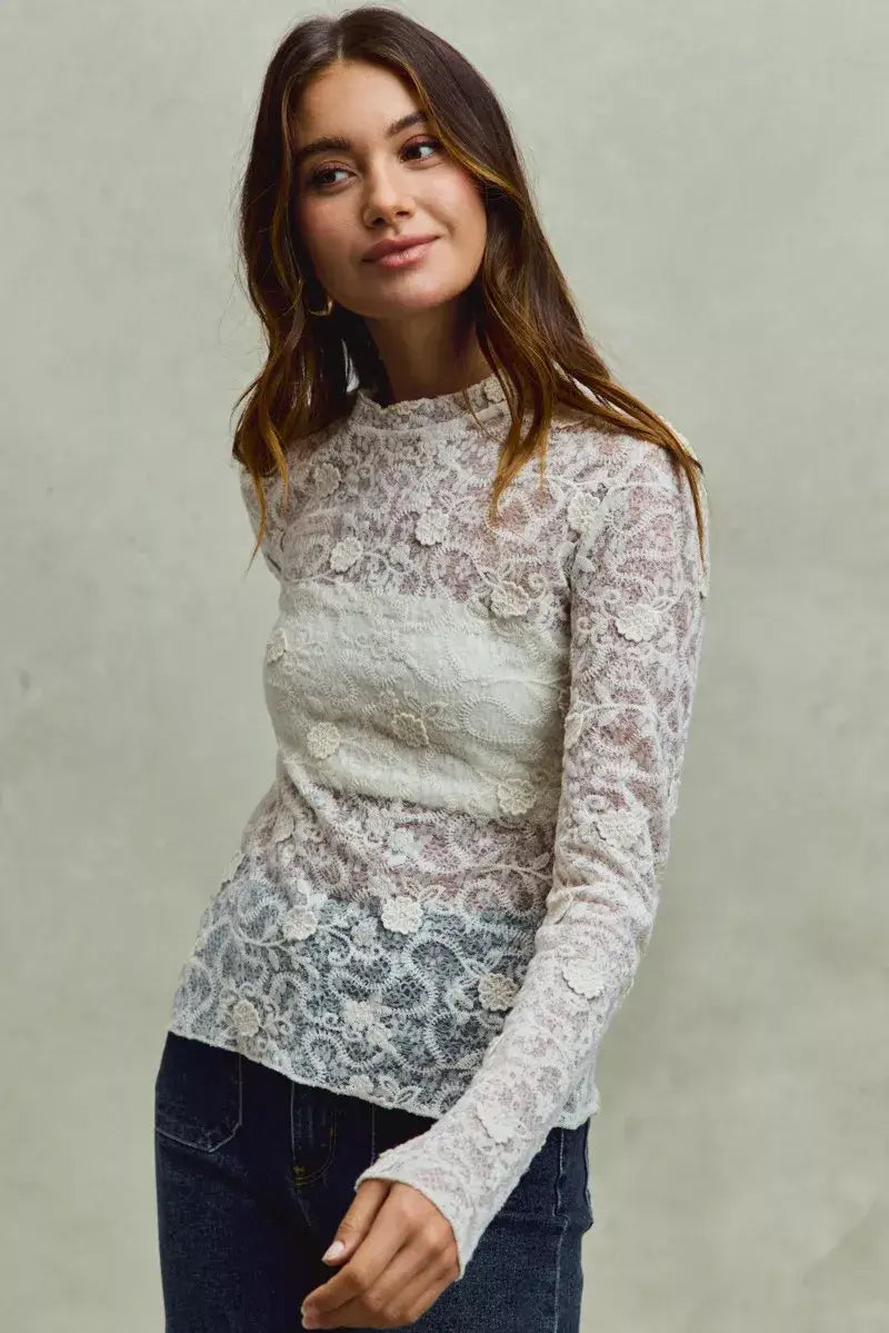 Off White Lace Long Sleeve 3d Effect Floral Layering Top, Blouses, $ 49.00, A Moment Of Now™