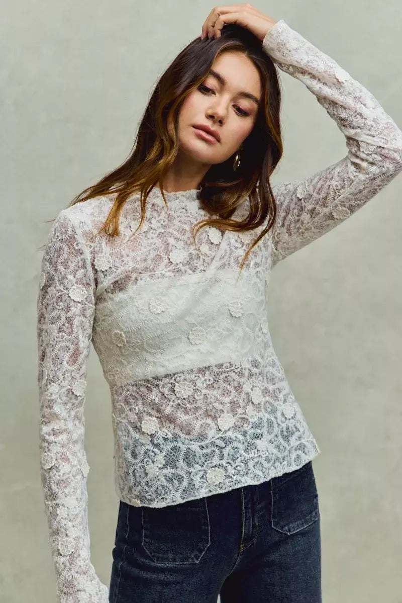 Off White Lace Long Sleeve 3d Effect Floral Layering Top, Blouses, $ 49.00, A Moment Of Now™