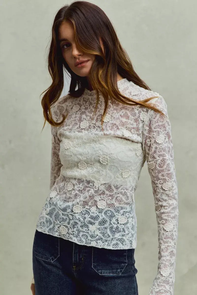 Off White Lace Long Sleeve 3d Effect Floral Layering Top, Blouses, $ 49.00, A Moment Of Now™