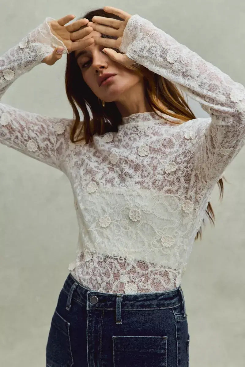 Off White Lace Long Sleeve 3d Effect Floral Layering Top, Blouses, $ 49.00, A Moment Of Now™