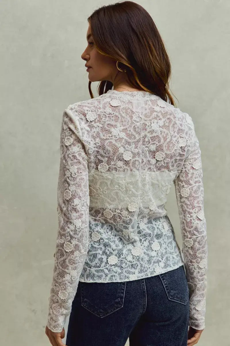 Off White Lace Long Sleeve 3d Effect Floral Layering Top, Blouses, $ 49.00, A Moment Of Now™