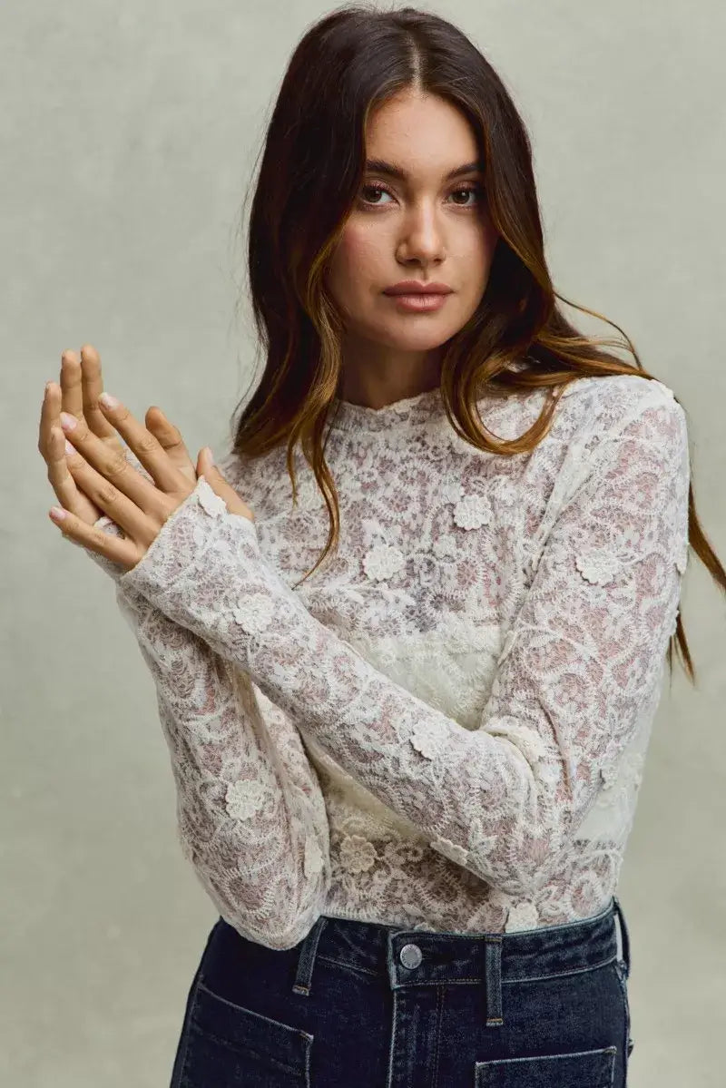 Off White Lace Long Sleeve 3d Effect Floral Layering Top, Blouses, $ 49.00, A Moment Of Now™