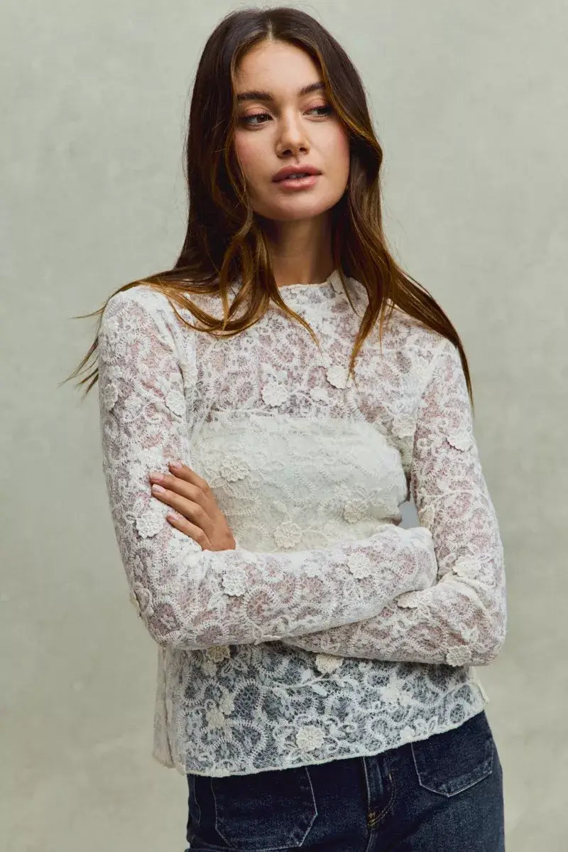 Off White Lace Long Sleeve 3d Effect Floral Layering Top, Blouses, $ 49.00, A Moment Of Now™
