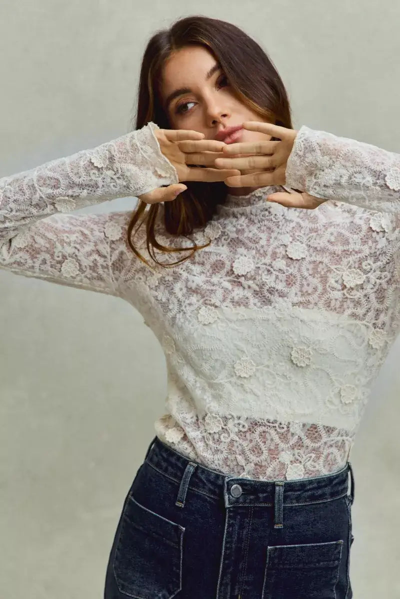 Off White Lace Long Sleeve 3d Effect Floral Layering Top, Blouses, $ 49.00, A Moment Of Now™