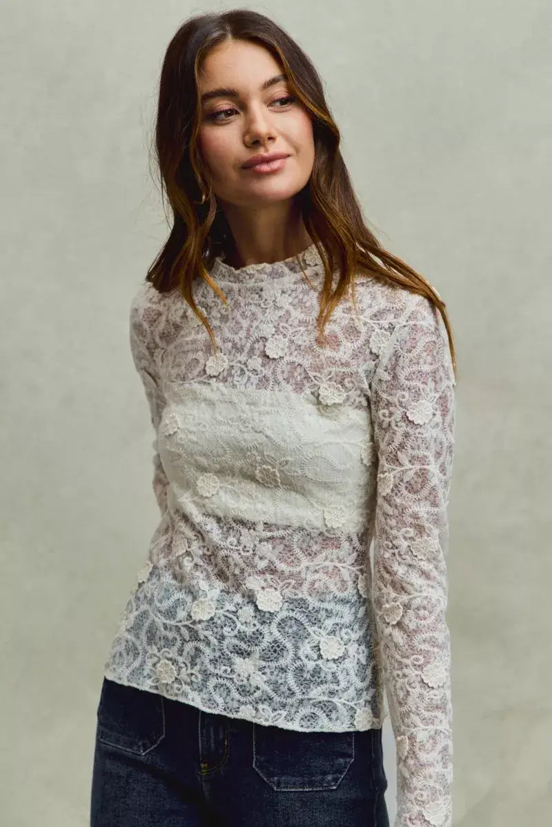 Off White Lace Long Sleeve 3d Effect Floral Layering Top, Blouses, $ 49.00, A Moment Of Now™