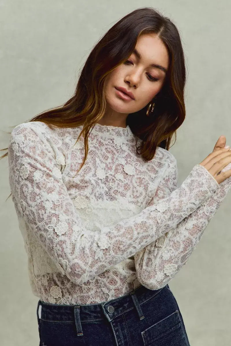 Off White Lace Long Sleeve 3d Effect Floral Layering Top, Blouses, $ 49.00, A Moment Of Now™
