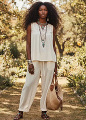 Off White Lace Detail Double Gauze Patch Sleeveless Top Boho Fashion, Tank Tops, $ 59.00, A Moment Of Now™