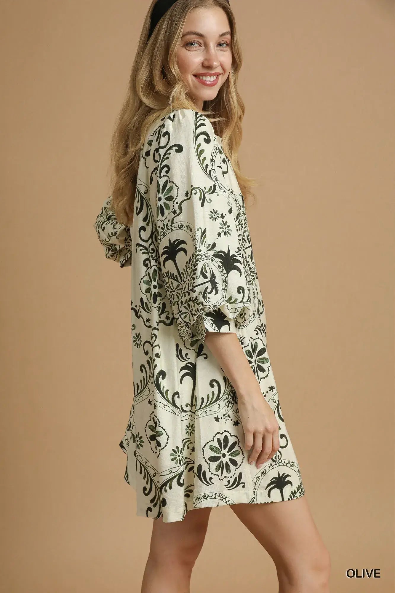 Olive Green Boho Printed Balloon Sleeve Mini Dress - Umgee, Dresses, $ 62.00, A Moment Of Now™