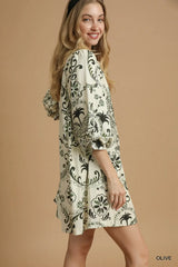 Olive Green Boho Printed Balloon Sleeve Mini Dress - Umgee, Dresses, $ 62.00, A Moment Of Now™