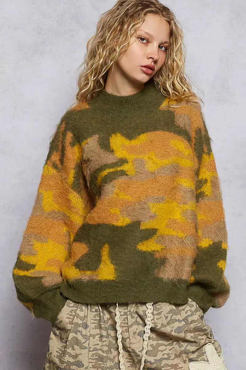 Olive Mock Neck Abstract Colorblock Pattern Sweater for Chic Style, Sweaters, $ 53.00, A Moment Of Now™