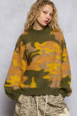 Olive Mock Neck Abstract Colorblock Pattern Sweater for Chic Style, Sweaters, $ 53.00, A Moment Of Now™