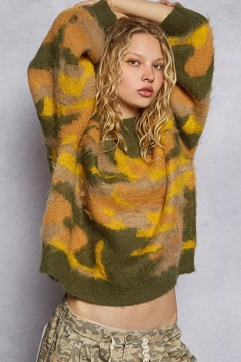 Olive Mock Neck Abstract Colorblock Pattern Sweater for Chic Style, Sweaters, $ 53.00, A Moment Of Now™