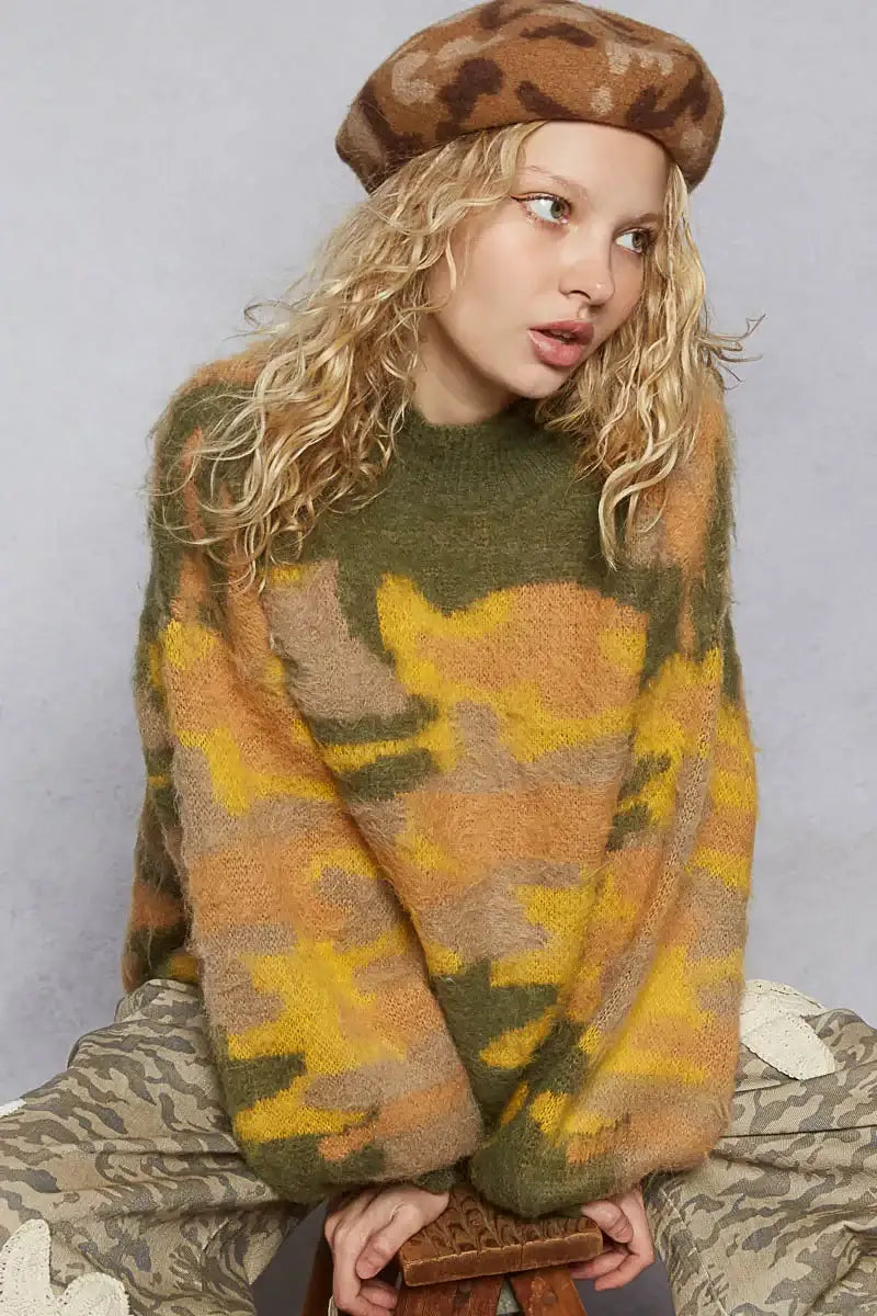 Olive Mock Neck Abstract Colorblock Pattern Sweater for Chic Style, Sweaters, $ 53.00, A Moment Of Now™