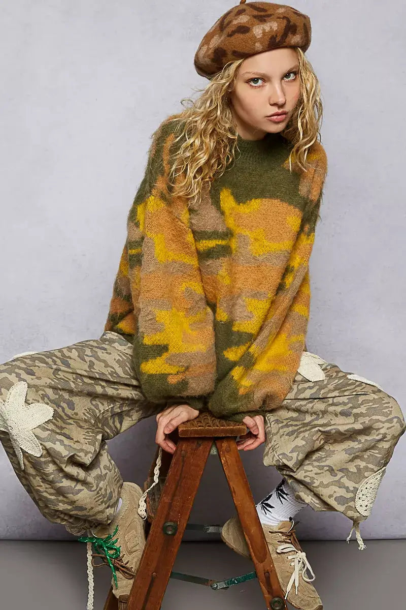 Olive Mock Neck Abstract Colorblock Pattern Sweater for Chic Style, Sweaters, $ 53.00, A Moment Of Now™