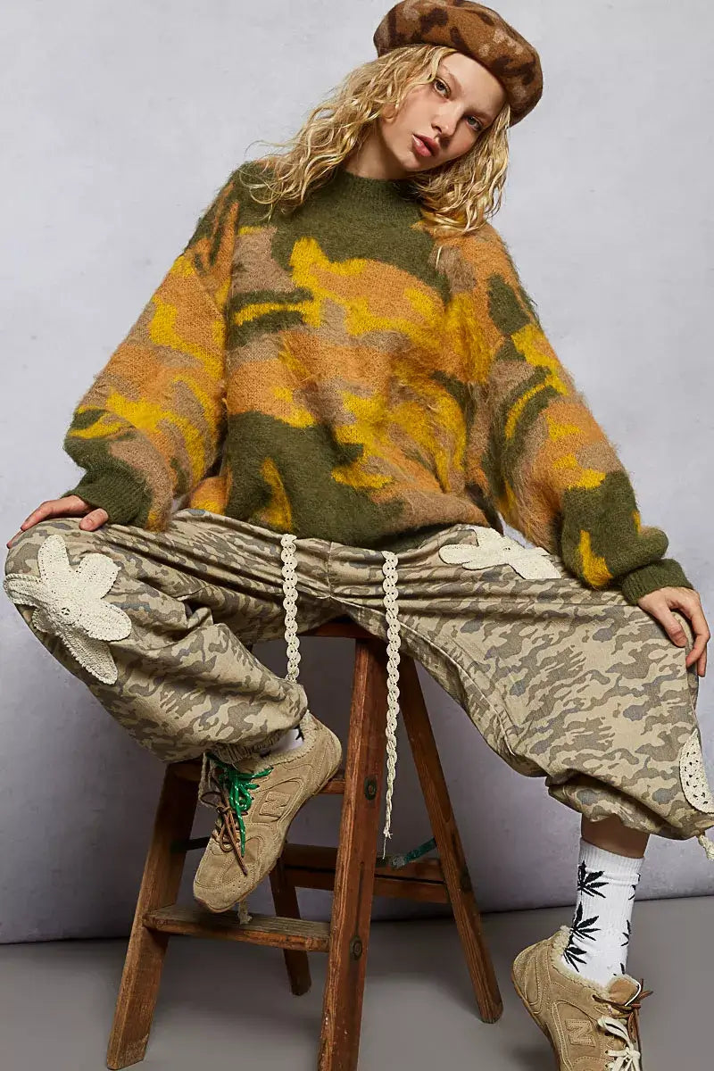 Olive Mock Neck Abstract Colorblock Pattern Sweater for Chic Style, Sweaters, $ 53.00, A Moment Of Now™