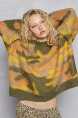 Olive Mock Neck Abstract Colorblock Pattern Sweater for Chic Style, Sweaters, $ 53.00, A Moment Of Now™