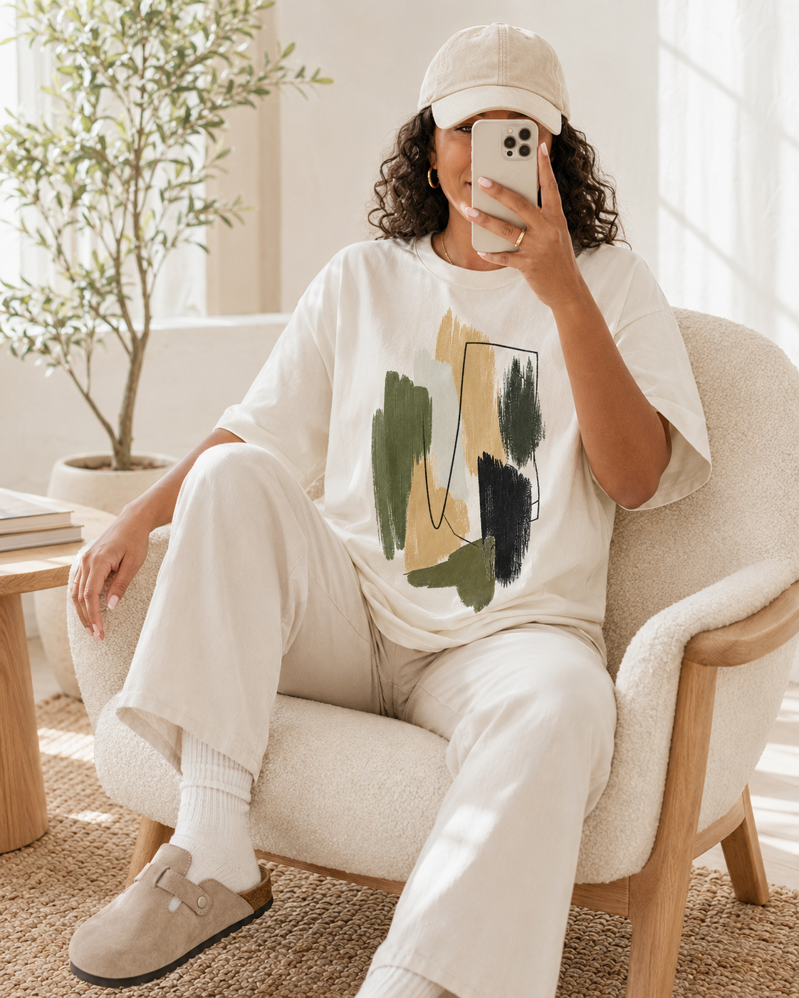 Abstract Brushstroke T-Shirt | Olive, Tan & Black Minimal Art Tee