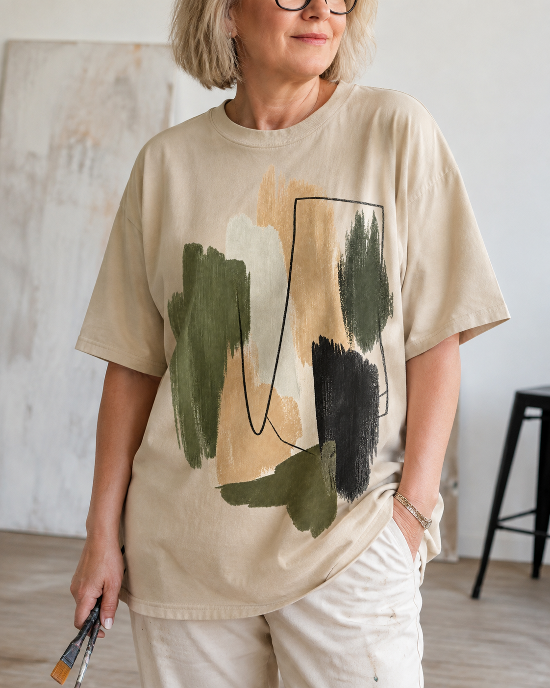Abstract Brushstroke T-Shirt | Olive, Tan & Black Minimal Art Tee