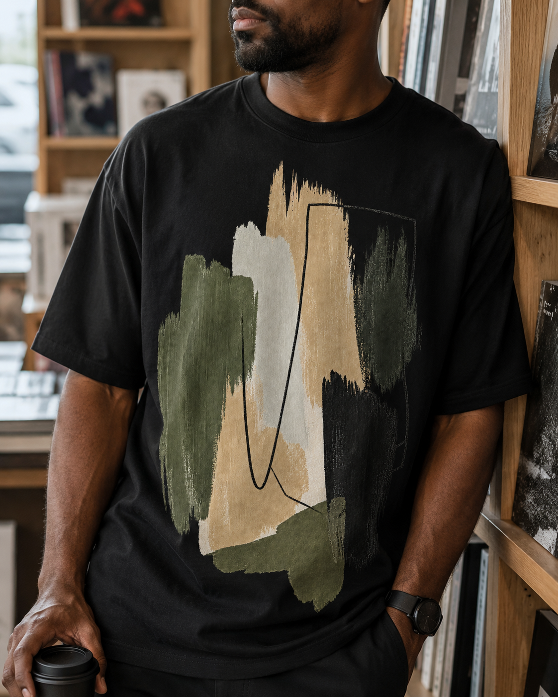 Abstract Brushstroke T-Shirt | Olive, Tan & Black Minimal Art Tee