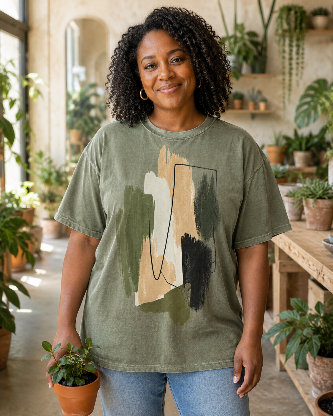 Abstract Brushstroke T-Shirt | Olive, Tan & Black Minimal Art Tee