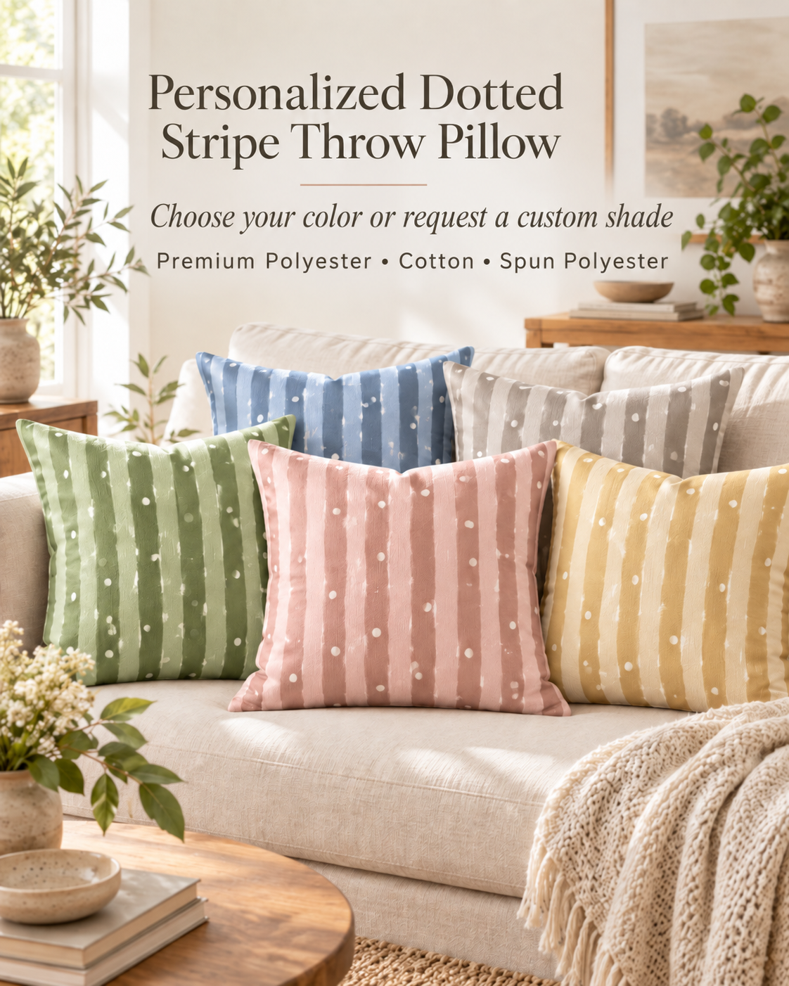 Personalized Dotted Stripe Throw Pillow — Custom Color Vintage-Inspired Decor