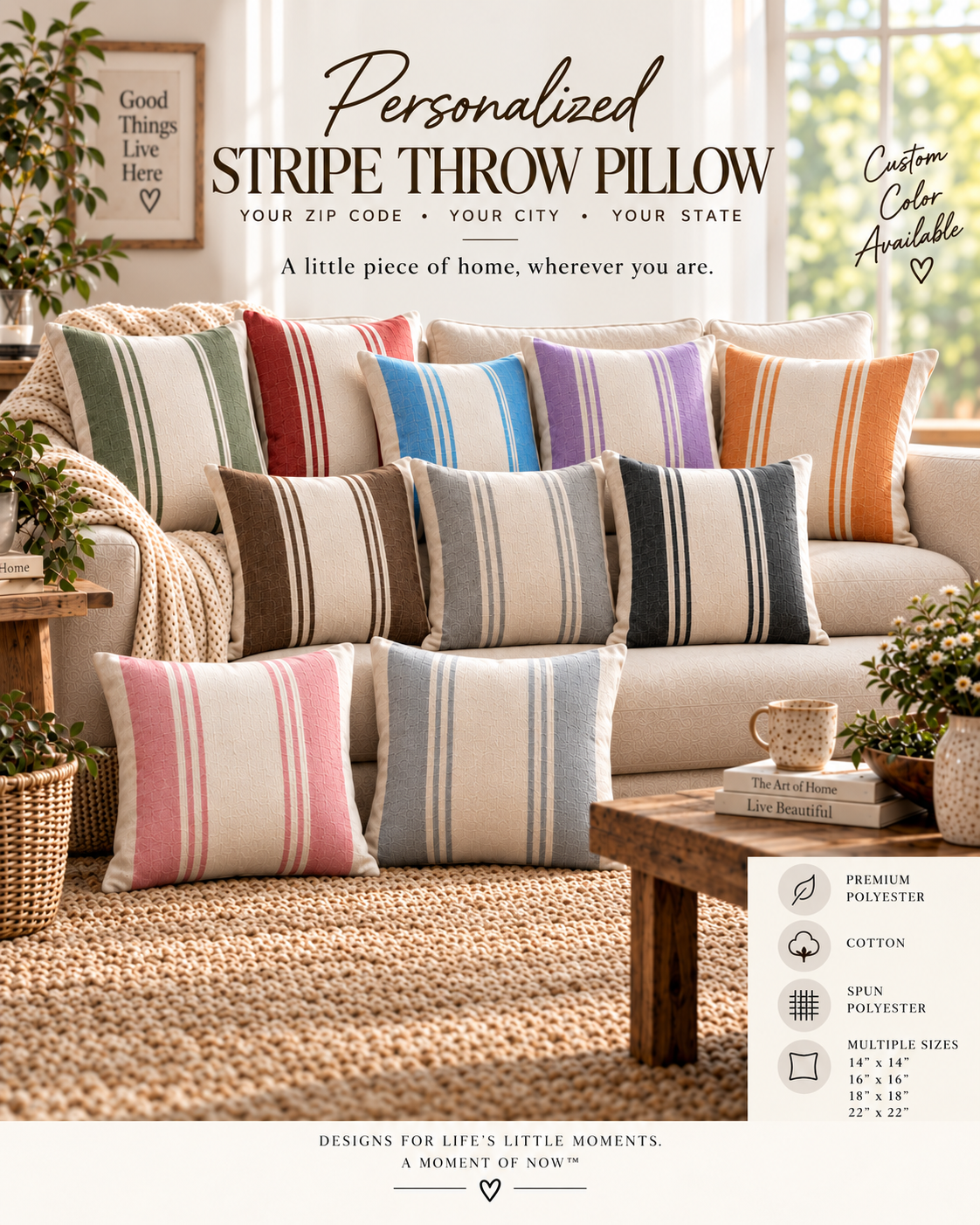 Personalized Stripe Throw Pillow — Custom Color Vintage Linen-Inspired Decorative Pillow
