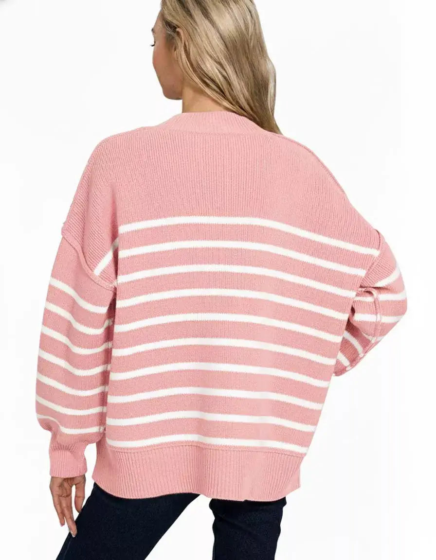 Pink Exposed Seam Striped Oversized Sweater - Chic Comfort, Sweaters, $ 49.00, A Moment Of Now™