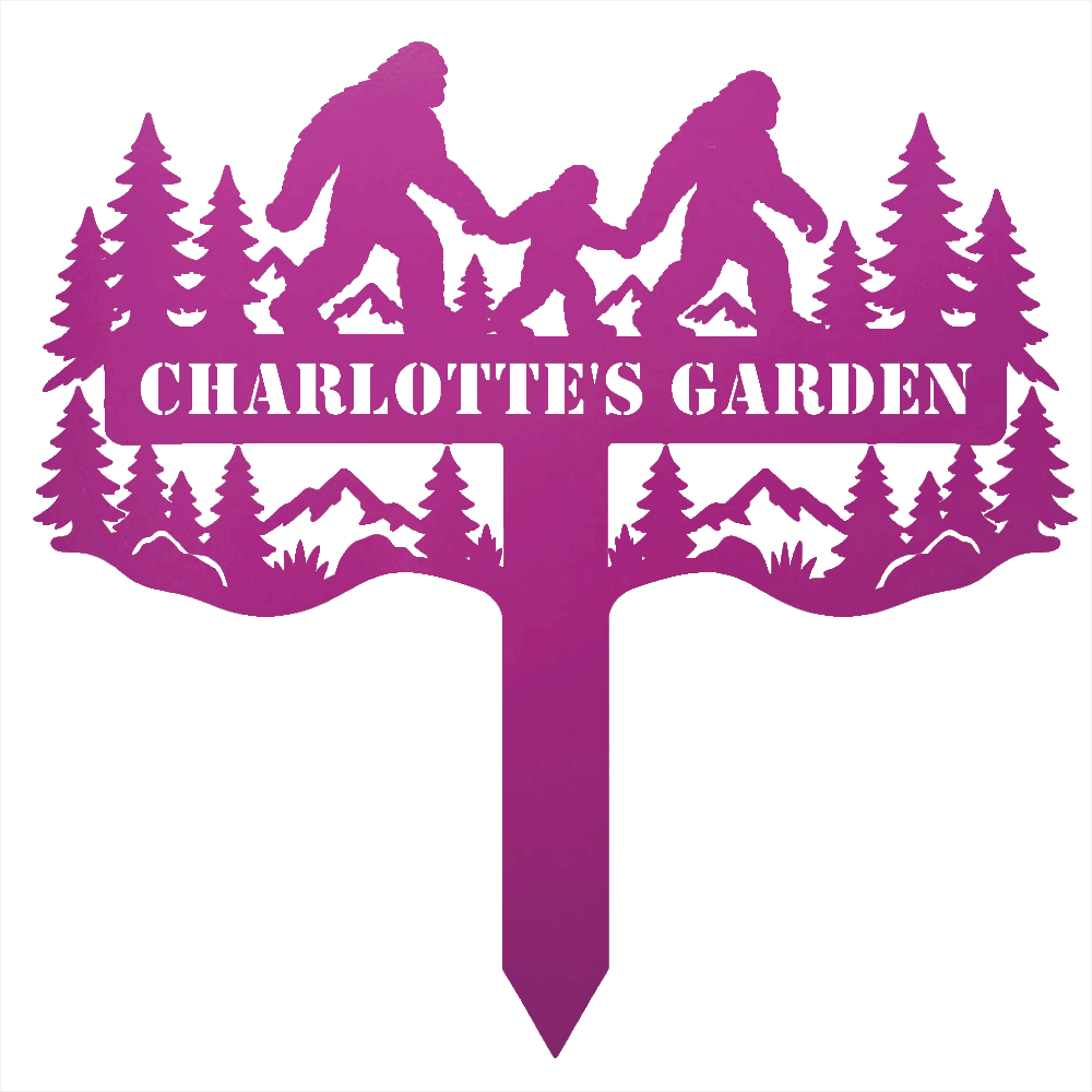 Purple personalized Bigfoot family garden steel yard sign with custom name cutout