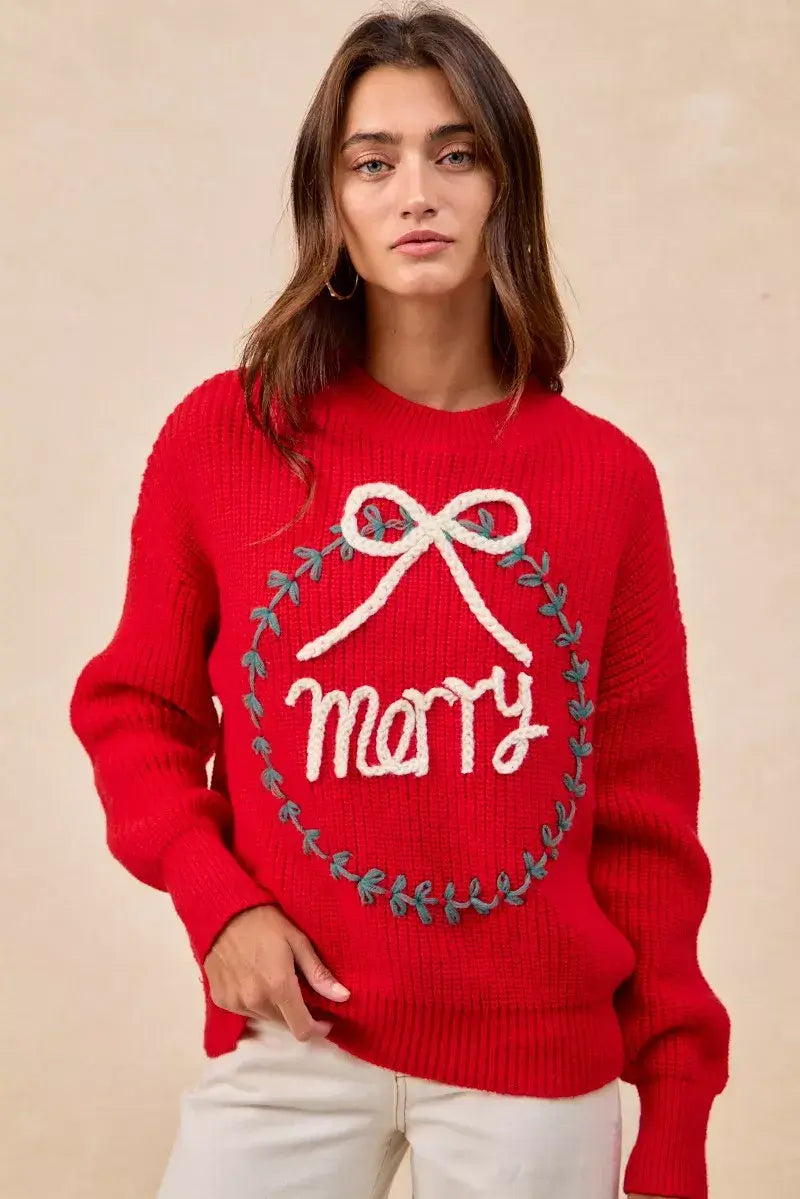 Red Christmas Wreath Merry Letter Knit Top - Festive Style, Sweaters, $ 55.00, A Moment Of Now™