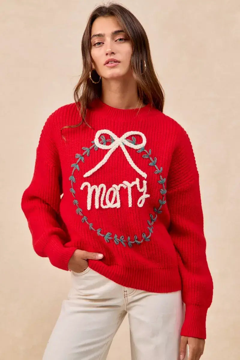 Red Christmas Wreath Merry Letter Knit Top - Festive Style, Sweaters, $ 55.00, A Moment Of Now™
