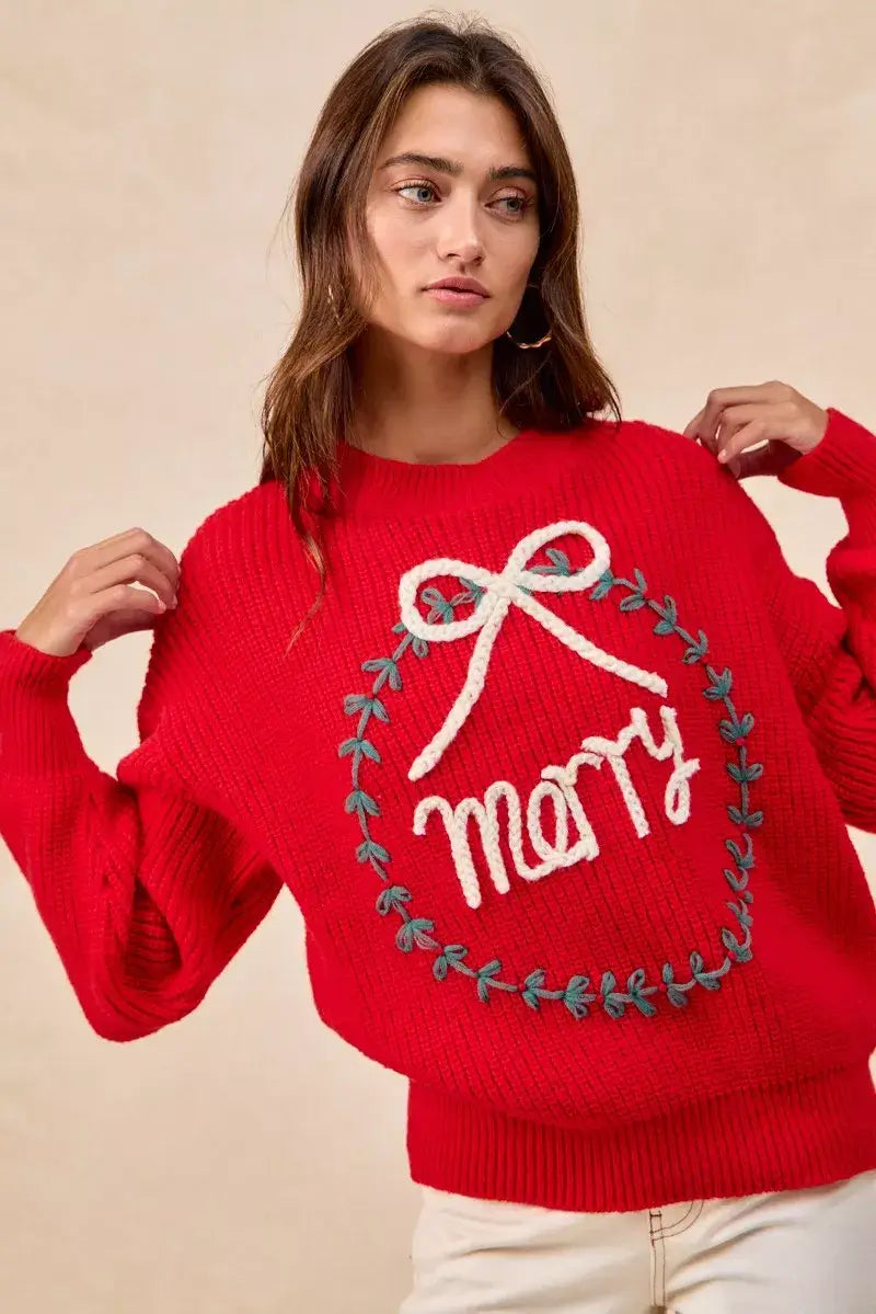 Red Christmas Wreath Merry Letter Knit Top - Festive Style, Sweaters, $ 55.00, A Moment Of Now™