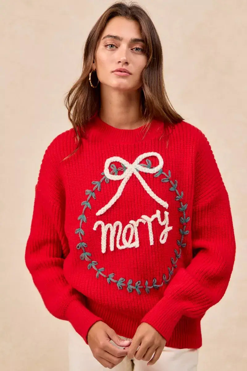 Red Christmas Wreath Merry Letter Knit Top - Festive Style, Sweaters, $ 55.00, A Moment Of Now™