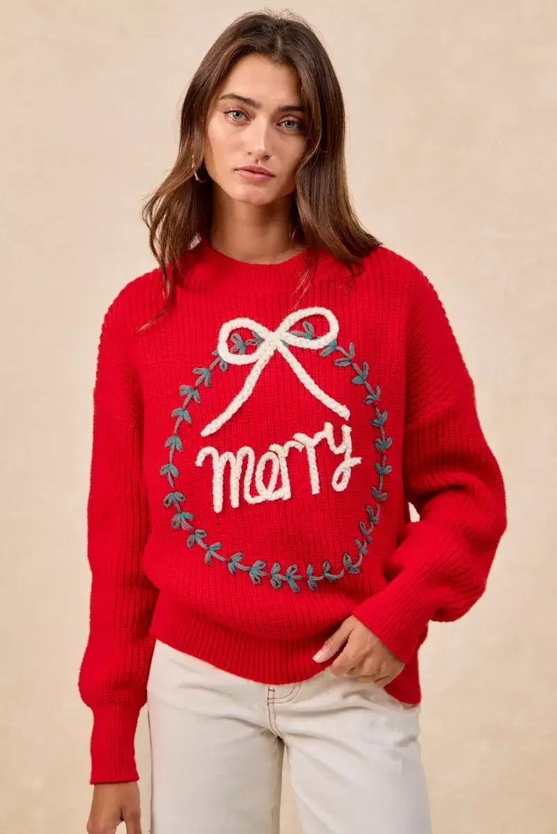 Red Christmas Wreath Merry Letter Knit Top - Festive Style, Sweaters, $ 55.00, A Moment Of Now™