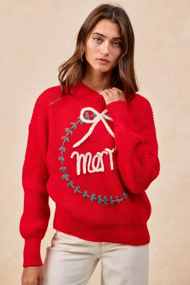 Red Christmas Wreath Merry Letter Knit Top - Festive Style, Sweaters, $ 55.00, A Moment Of Now™