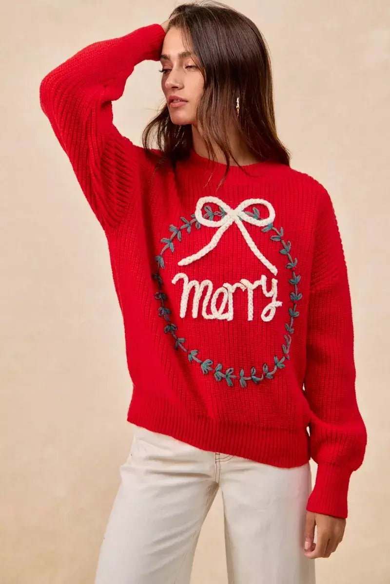 Red Christmas Wreath Merry Letter Knit Top - Festive Style, Sweaters, $ 55.00, A Moment Of Now™