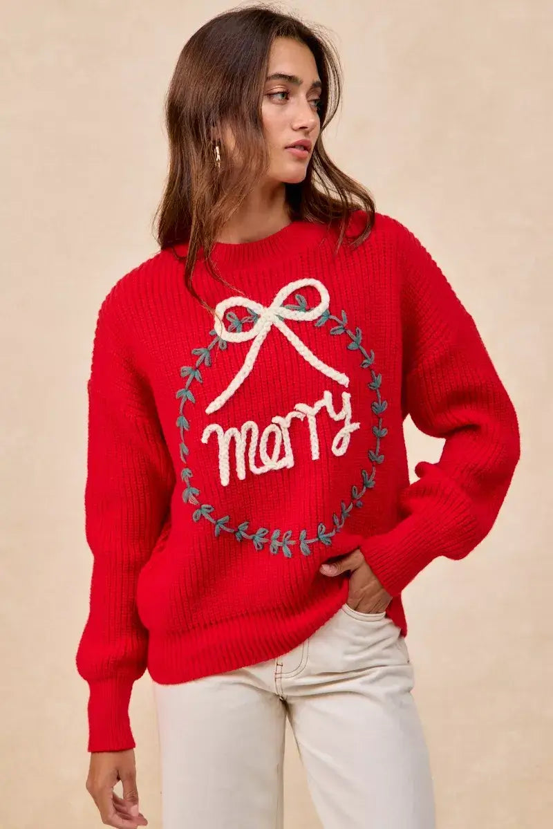 Red Christmas Wreath Merry Letter Knit Top - Festive Style, Sweaters, $ 55.00, A Moment Of Now™